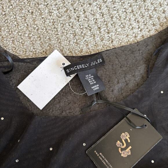 Womens Rhinestone Pearl Mesh See-through Long Sleeve Crop Tops Blouse Shirt Med - Picture 3 of 8